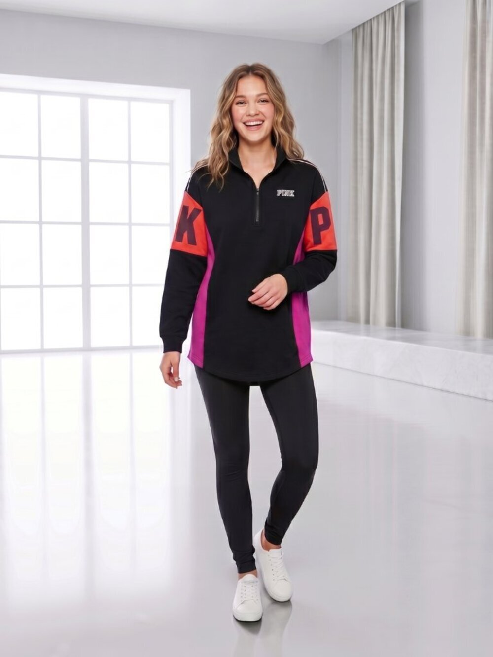 Victoria’s Secret PINK Colorblock Quarter Zip Sweatshirt Curve Hem XS